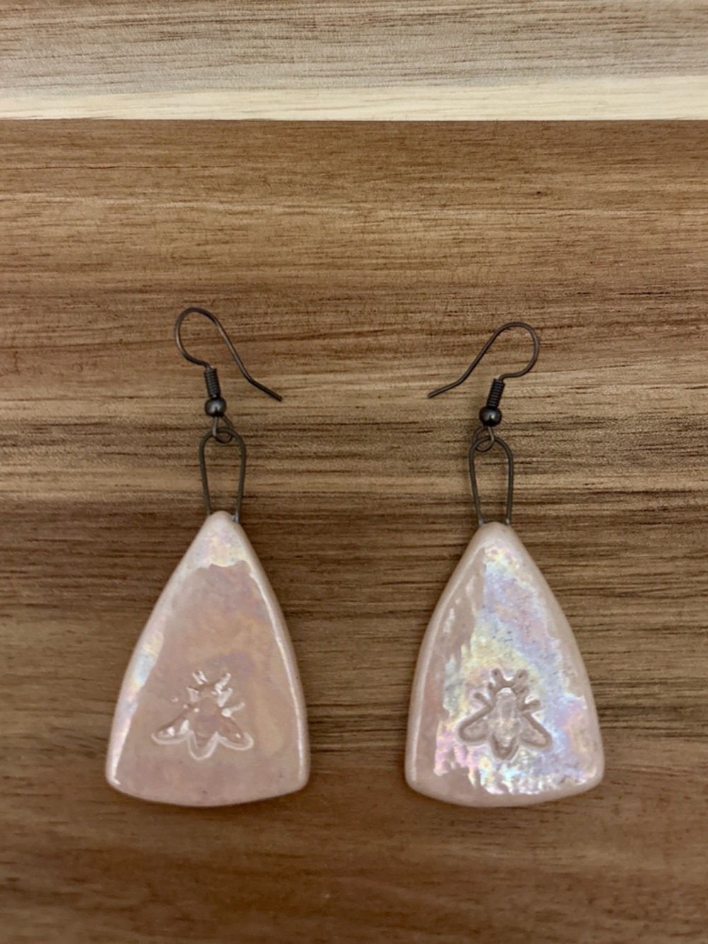 Handmade Iridescent Clay Bee Earrings | Blush Neutral Boho Dangle Artisan Style